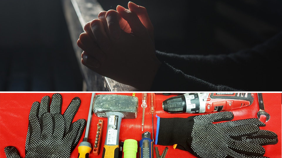 Imágenes de una persona rezando y de las herramientas decomisadas a la banda criminal que asaltaba centros religiosos en Navarra Archivo POLICÍA FORAL