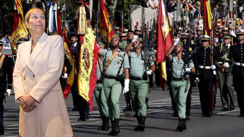 Imagen de la presidenta Uxue Barkos y del desfile de las Fuerzas Armadas celebrado en Madrid este 12 de octubre de 2017, Día de la Hispanidad. FOTOMONTAJE