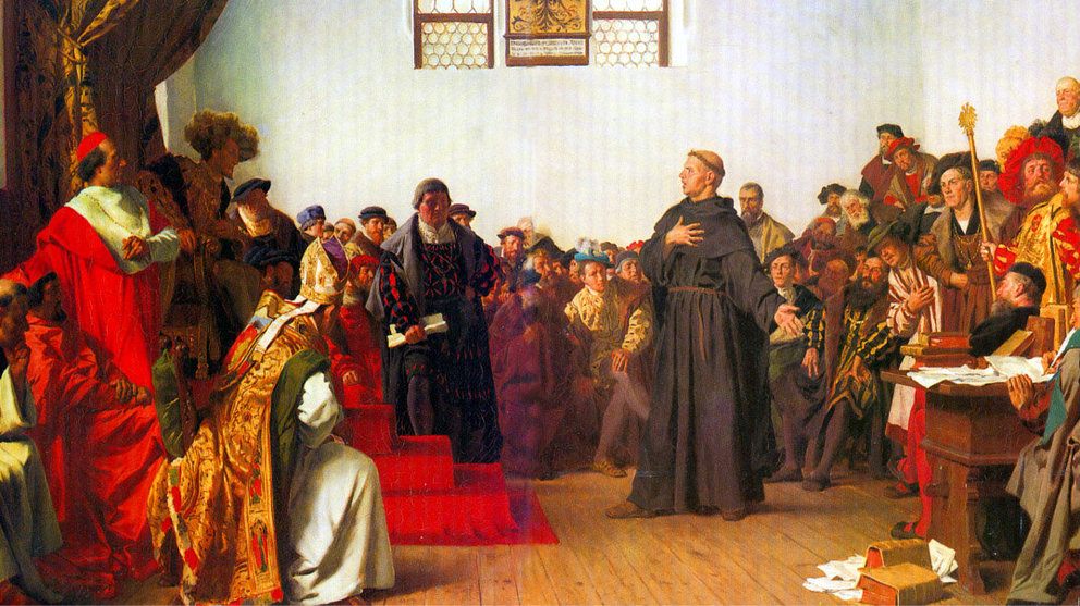 El cuadro (Anton von Werner 1877) representa a Martin Lutero ante la Dieta de Worms de 1521 presidida por Carlos V..
