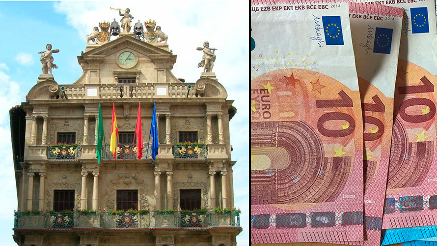 Fachada del Ayuntamiento de Pamplona con varios billetes de euros a un lado FOTOMONTAJE