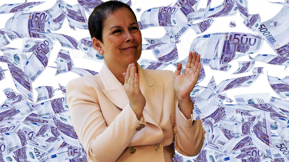 Uxue Barkos, presidenta de Navarra, sobre una lluvia de billetes de 500 euros en un montaje gráfico.
