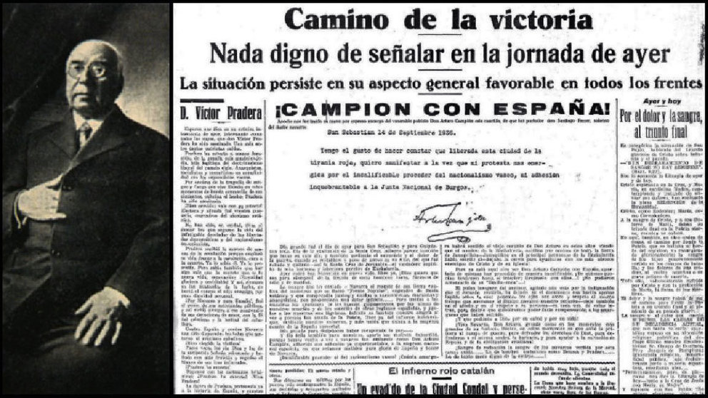 Arturo Campión junto a una portada de un periódico de la época del año 1936.