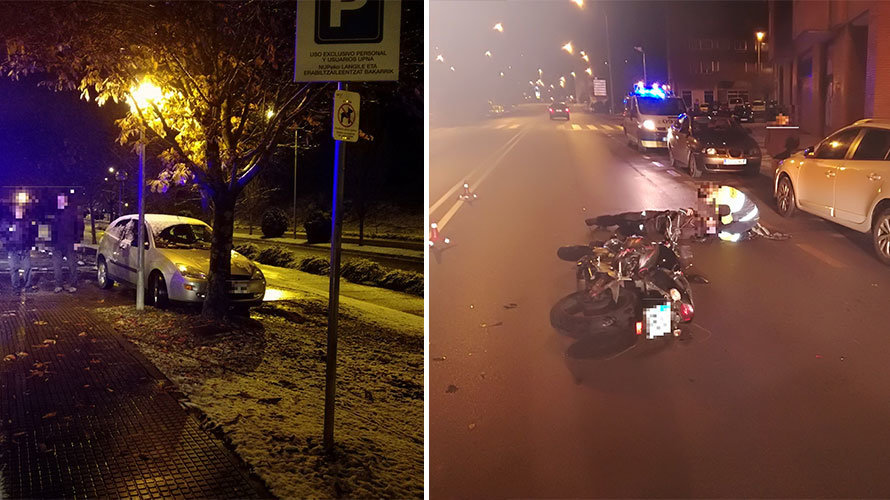A la izquierda el coche que se ha estampado contra un árbol en la calle Sadar y, a la derecha, el motorista caído.