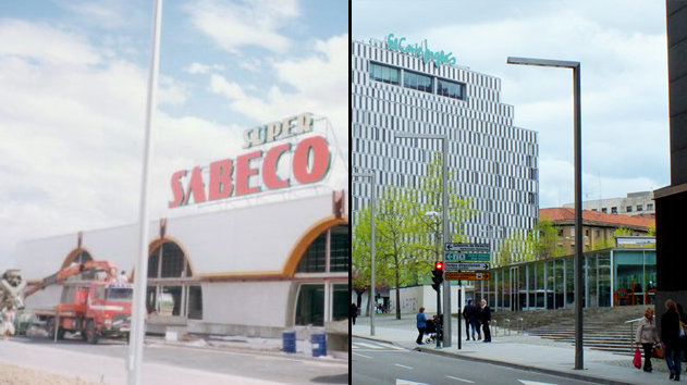 Imagen de la construcción del centro comercial de Sabeco en Tudela y la fachada de El Corte Inglés construido en el centro de Pamplona