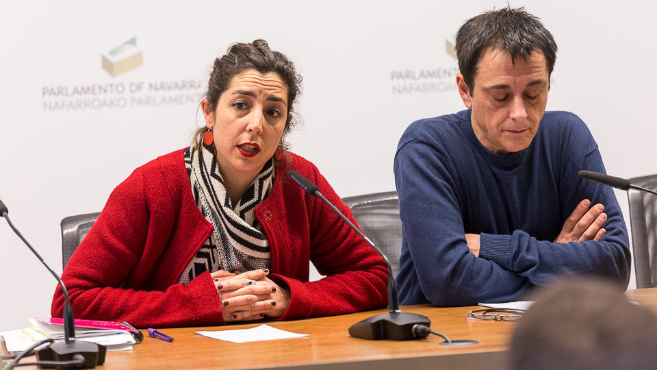 Los parlamentarios Laura Pérez, Carlos Couso, Fanny Carrillo y Rubén Velasco comparecen ante los medios para comentar la situación de Podemos Navarra (43). IÑIGO ALZUGARAY