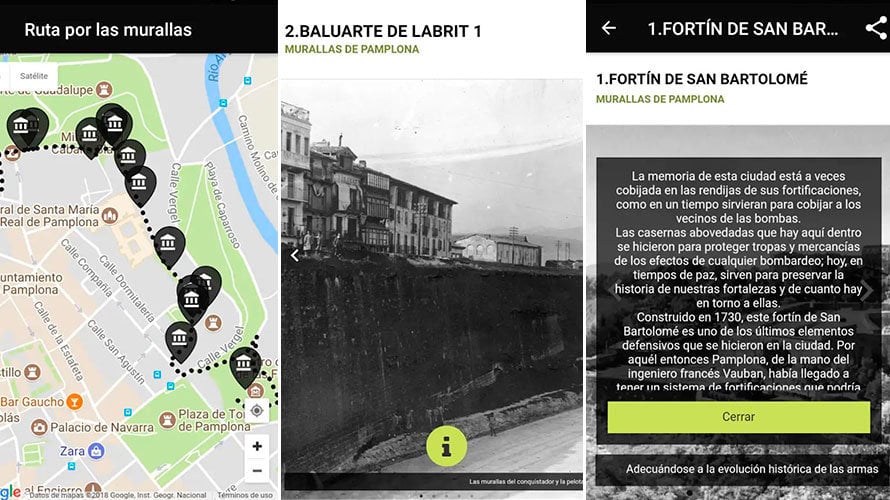Capturas de la nueva aplicación para recorrer las murallas de Pamplona