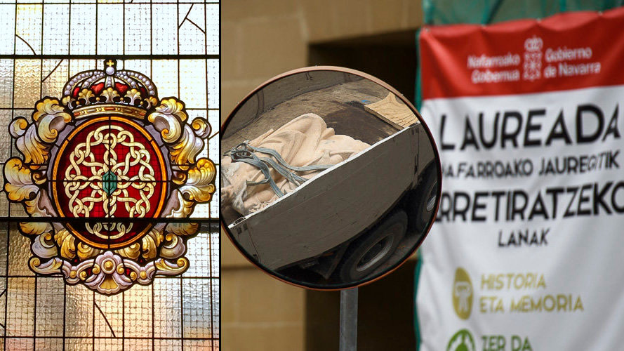 Nueva imagen de la vidriera del INAP tras la retirada de una cristalera con una cruz laureada, como la que se retiró en el Palacio de Navarra NAVARRACOM