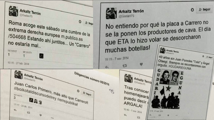Capturas de varios de los tuits por los que se acusó de enaltecer el terrorismo a Arkaitz Terrón