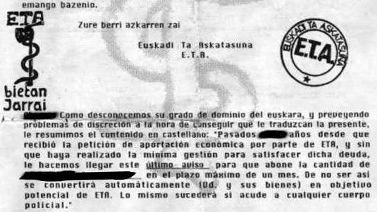 Imagen de una carta de extorsión enviada por la banda terrorista ETA Archivo