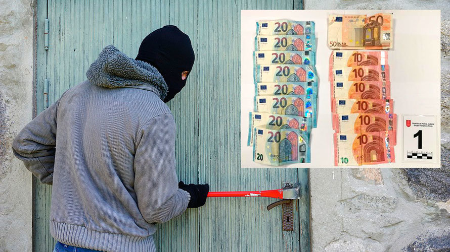 Un ladrón trata de abrir una puerta junto al botín que se llevaron de una bajera de Barañáin. ARCHIVO