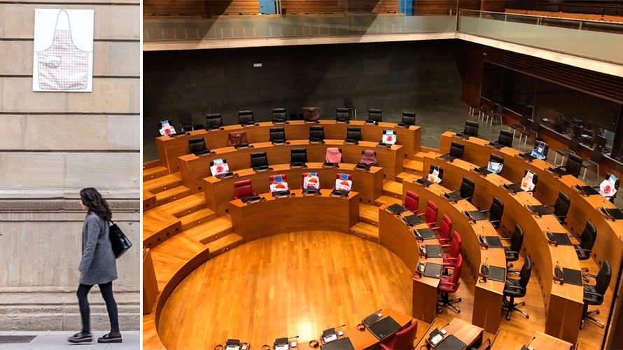 A la izquierda, el delantal colocado en la fachada del Parlamento de Navarra y, a la derecha, los delantales en los sitios de los políticos navarros. ALZUGARAY TWITTER