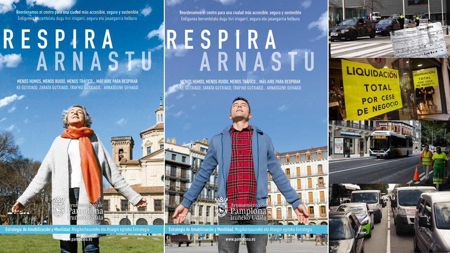 Las imágenes de la campaña de comunicación que lanza el cuatripartito sobre los cortes de tráfico en Pamplona junto a las fotografías de las situciones que denuncia la ciudadanía NAVARRACOM