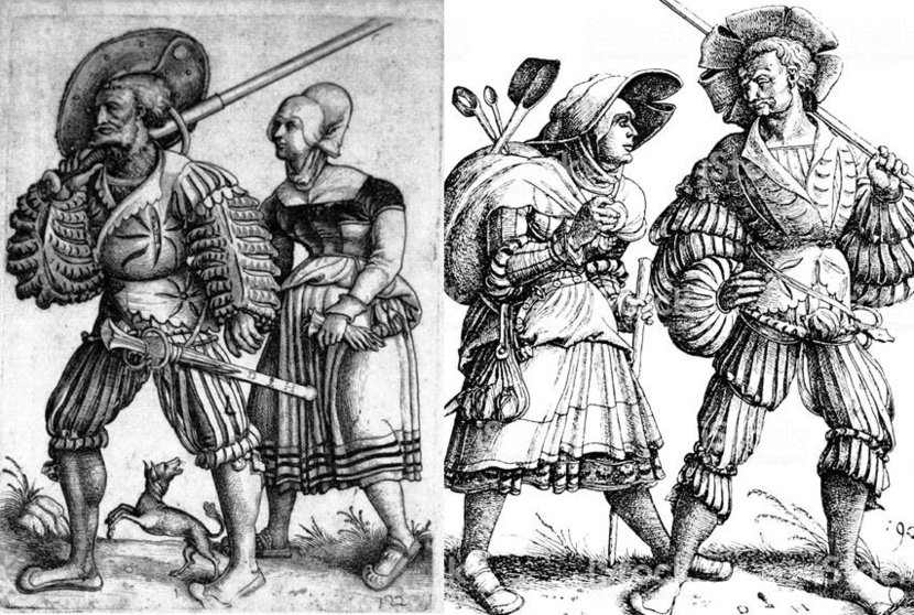 Grabados de Daniel Hopfer representando lansquenetes con sus mujeres. Un millar de ellos sucumbieron en la batalla de Velate de diciembre de 1512.