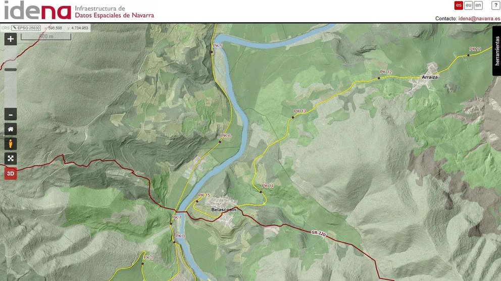 Captura de pantalla del mapa de IDENA de la ruta GR-220 a su paso por Belascoain.