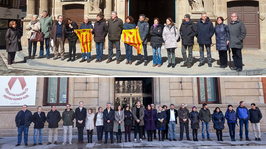 Imagen de las concentraciones de los miembros del cuatripartito en el Ayuntamiento de Pamplona y el Parlamento foral para denunciar la situación de excepción que aseguran que atraviesa Cataluña EP IÑIGO ALZUGARAY