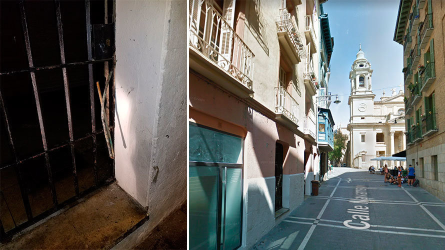 Detalle de la verja de entrada con un objeto metálico clavado a modo de barra para forzarla en la calle Navarrería. POLICÍA MUNICIPAL DE PAMPLONA