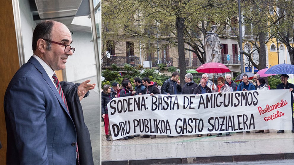A la izquierda, el vicepresidente del Gobierno de Navarra, Manu Ayerdi; y a la derecha, el grupo de ciudadanos que han protestado. IÑIGO ALZUGARAY