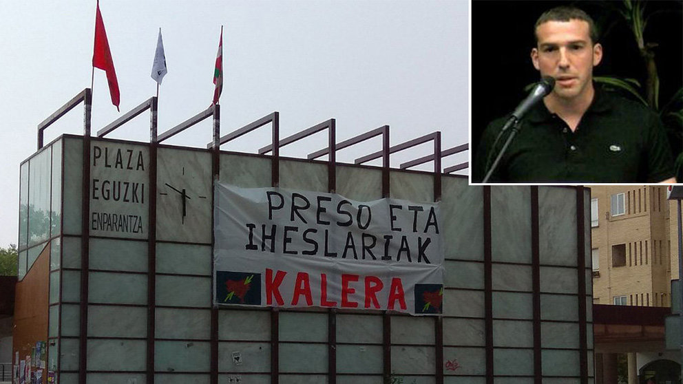 El alcalde Raúl Maiza, de EH Bildu, junto a la ikurriña y un cartel a favor de los presos de ETA colocados durante el chupinazo de Berriozar NAVARRACOM