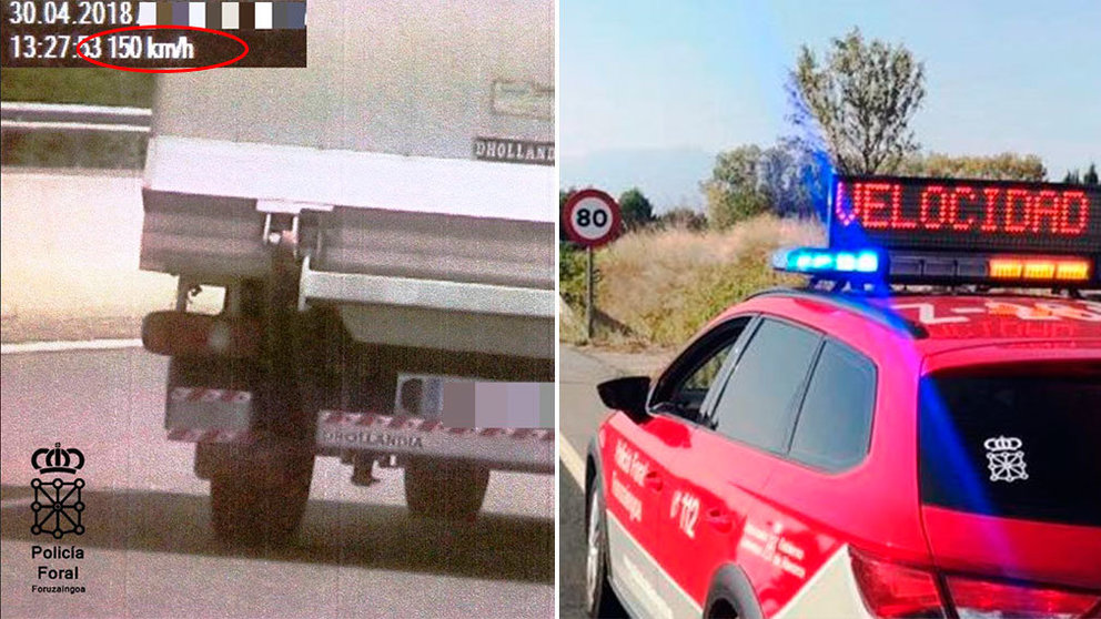 A la izquierda, el camión pillado en una carretera navarra a 150 kilómetros por hora. POLICÍA FORAL