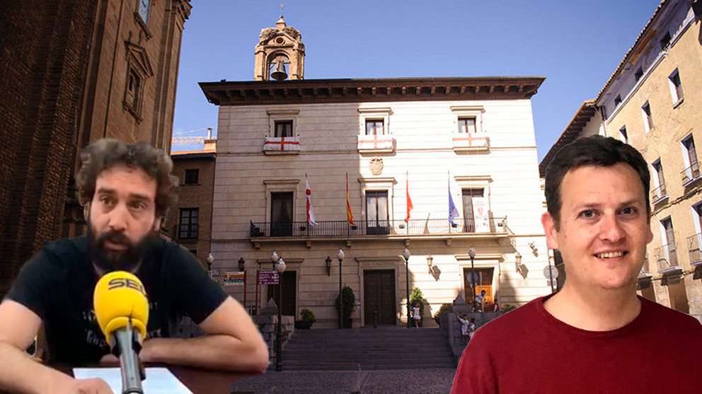 Fachada del Ayuntamiento de Tudela, junto a la imagen del concejal de Izqueirda-Ezkerra dimitido, Iñaki Magallón, y su sustituto, José Antonio Fraile Lasanta Foto NAVARRACOM MARQUINA