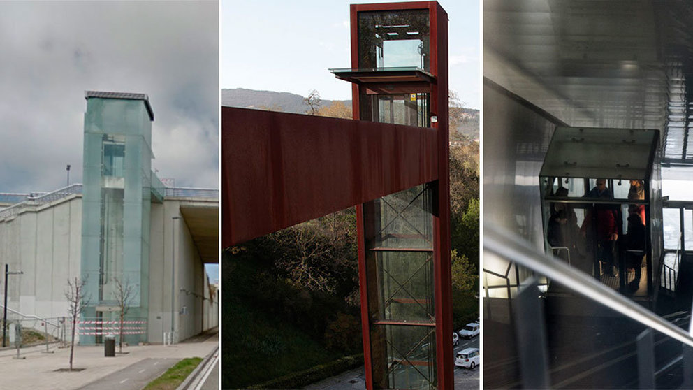Tres de los ascensores urbanos que se distribuyen por Pamplona. ARCHIVO