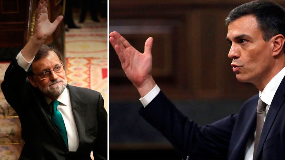 A la derecha, Mariano Rajoy se despide del Congreso de los Diputados y, a la izquierda, Pedro Sánchez durante una intervención. EFE (2)