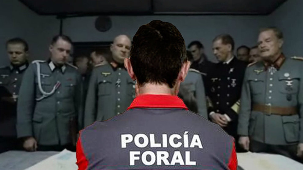 Un montaje audiovisual con un fragmento de la película El Hundimiento se burla del sindicto APF de la Policía Foral e incluye un comentario denigrante hacia las mujeres policías FOTOMONTAJE
