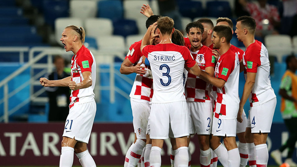 Kaliningrad (Russian Federation), 16/06/2018.- Players of Croatia react after Oghenekaro Etebo of Nigeria scored an own goal during the FIFA World Cup 2018 group D preliminary round soccer match between Croatia and Nigeria in Kaliningrad, Russia, 16 June 2018.