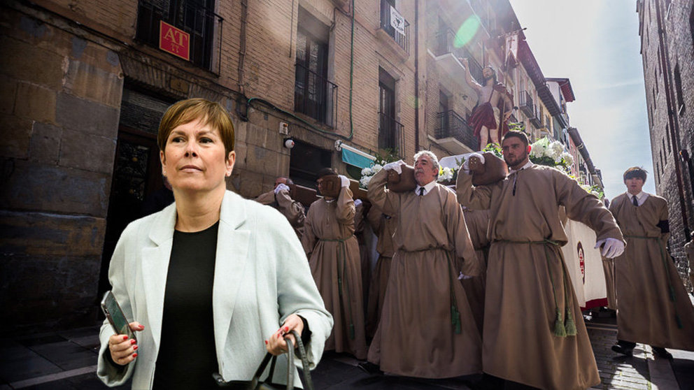 Imágenes de la presidenta del Gobierno de Navarra, Uxue Barkos, junto a una fotografía de una procesión celebrada en Pamplona FOTOMONTAJE