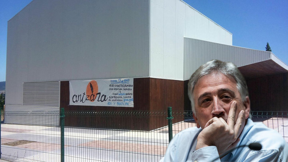 Dos imágenes del alcalde Joseba Asirón y del edificio Antzara en Mendillorri. FOTOMONTAJE