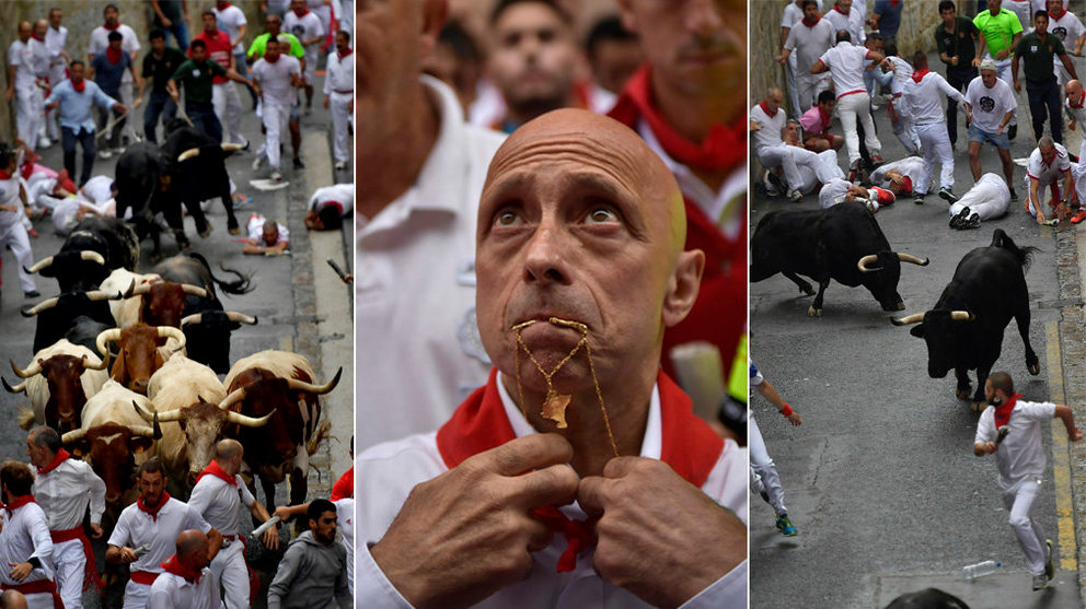 Dos imágenes del encierro de la ganadería Puerto de San Lorenzo de este sábado 7 de julio en la cuesta de Santo Domingo, donde corre Javier Muñoz 'Boti' (en el centro rezando). ÁLVARO BARRIENTOS