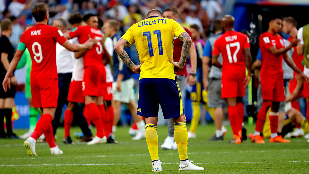 Samara (Russian Federation), 07/07/2018.- John Guidetti of Sweden reacts after the FIFA World Cup 2018 quarter final soccer match between Sweden and England in Samara, Russia, 07 July 2018. (RESTRICTIONS APPLY: Editorial Use Only, not used in association with any commercial entity - Images must not be used in any form of alert service or push service of any kind including via mobile alert services, downloads to mobile devices or MMS messaging - Images must appear as still images and must not emulate match action video footage - No alteration is made to, and no text or image is superimposed over, any published image which: (a) intentionally obscures or removes a sponsor identification image; or (b) adds or overlays the commercial identification of any third party which is not officially associated with the FIFA World Cup) (Mundial de Fútbol, Suecia, Inglaterra, Rusia) EFE/EPA/SERGEI ILNITSKY EDITORIAL USE ONLY EDITORIAL USE ONLY