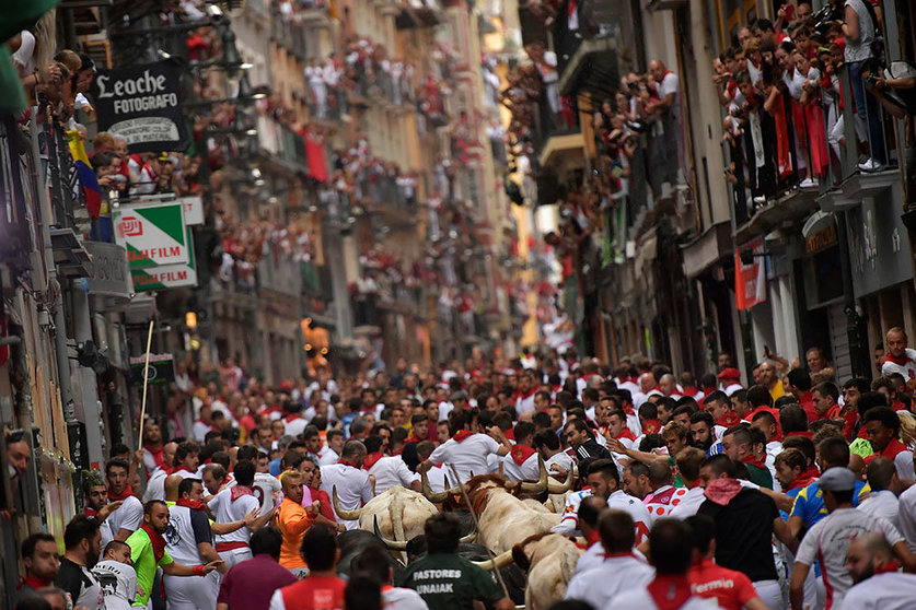 Revellers run next to fighting bulls from the Victoriano del Rio ranch accompanied by steers during the 6th day of the running of the bulls at the San Fermin Festival in Pamplona, northern Spain, Thursday, July 12, 2018. Revellers from around the world flock to Pamplona every year to take part in the eight days of the running of the bulls. (AP Photo/Alvaro Barrientos)