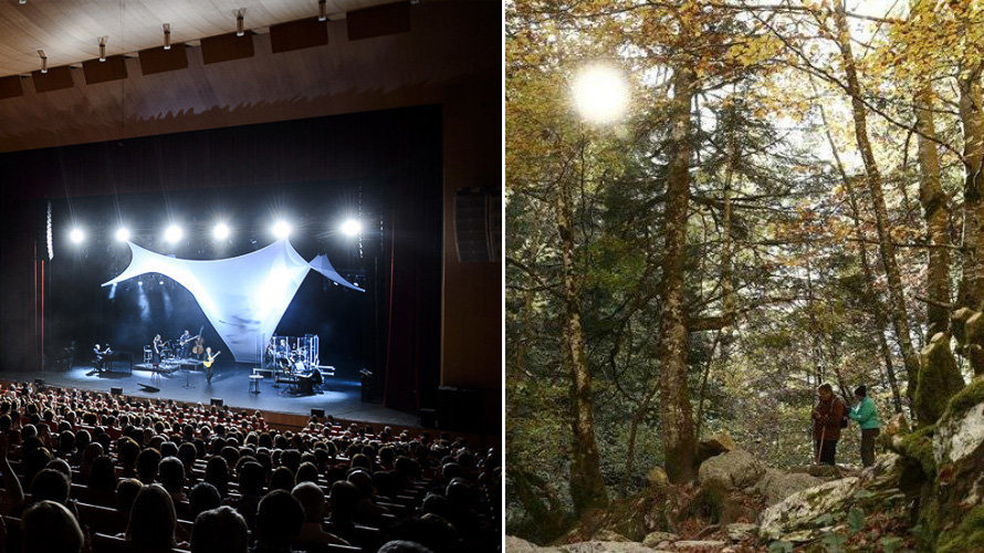 Montaje con el concierto de Joan Manuel Serrat en Baluarte y dos personas caminando por la Selva de Irati. PABLO LASAOSA.  EFE