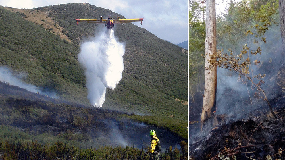 Montaje con un avión realizando tareas de extinción y una imagen del incendio en la foz de Benasa. BOMBEROS