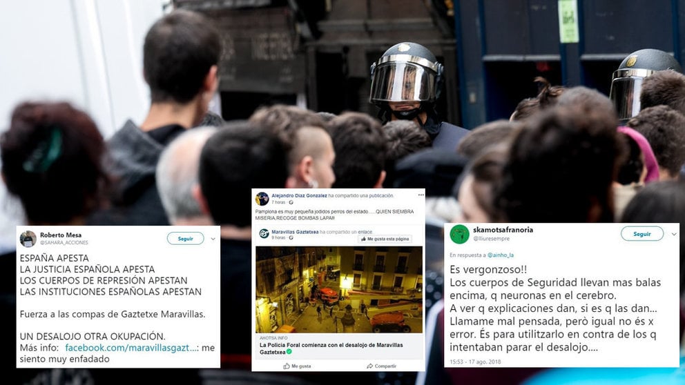 Montaje con una imagen de la protesta de este viernes tras el desalojo del palacio de Marqués de Rozalejo y varios comentarios en las redes sociales NAVARRAcom