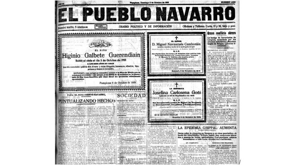 Portada de El Pueblo Navarro del 6 de octubre de 1918, confirmando el aumento de la epidemia, dos días antes en Pamplona habían fallecido 6 enfermos de gripe.