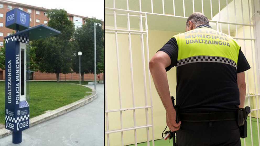 Imagen de una de las cabinas virtuales de la Policía Municipal de Pamplona, el mobiliario que estaba dañando un vecino que agredió a los agentes tras ser advertido NAVARRACOM