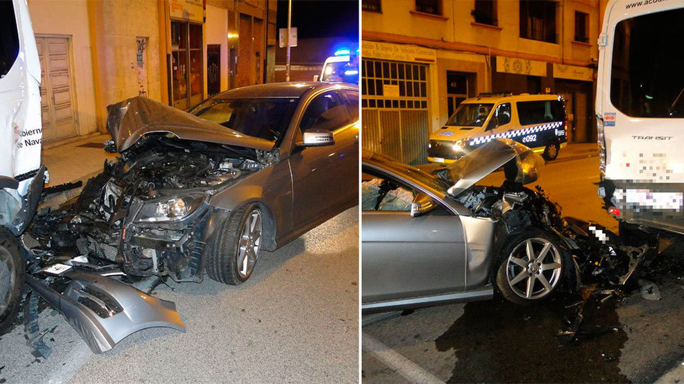 Accidente de madruga en Pamplona con un conductor que ha triplicado la tasa de alcoholemia. POLICÍA MUNICIPAL DE PAMPLONA
