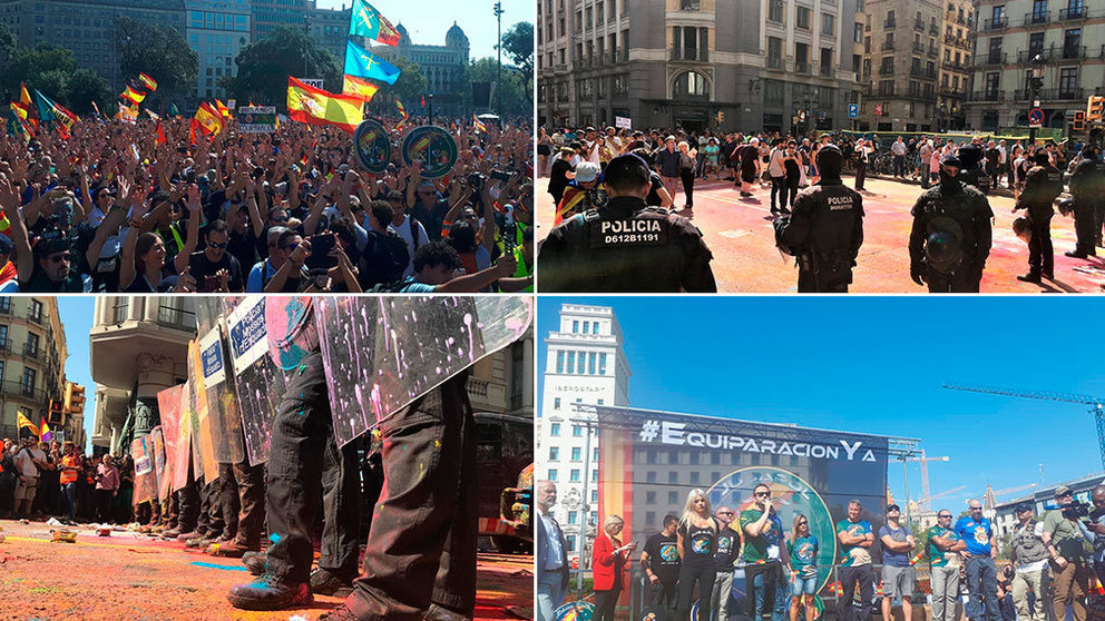 Algunos de los momentos vividos en la manifestación en Barcelona en la que han confluido policías nacionales con independentistas EUROPA PRESS