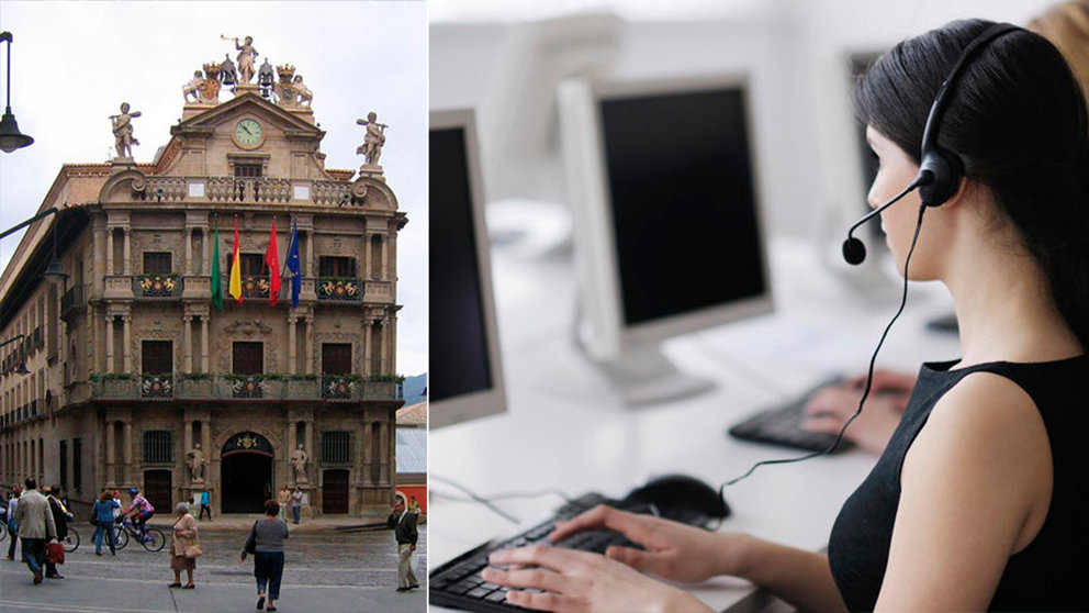 Imagen de la plaza del Ayuntamiento de Pamplona junto a la fotografía de una telefonista atiendendo una llamada en el teléfono de atención ciudadana. NAVARRA.COM