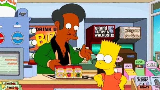 El tendero Apu atiende a Bart Simpson en un capítulo de la serie de animación
