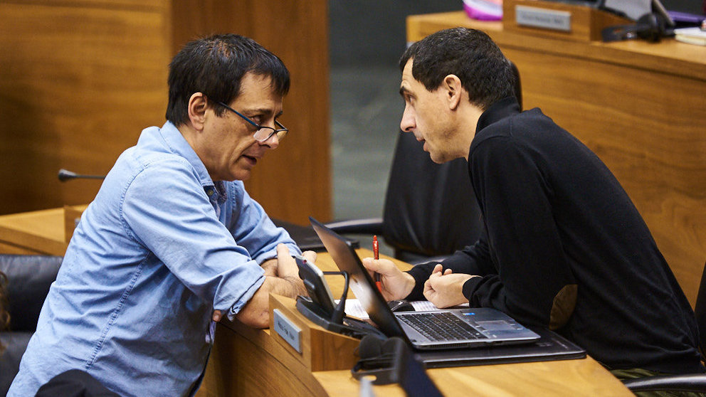 Carlos Couso (i) y Rubén Velasco (d) ambos del grupo parlamentario PODEMOS-ORAIN BAI durante el pleno parlamentario. MIGUEL OSÉS
