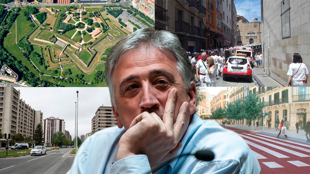 Imagen del alcalde Joseba Asirón con varios lugares de Pamplona como la Ciudadela, la Cuesta de Santo Domingo, la AvenidaPío XII y la Calle Navas de Tolosa NAVARRACOM
