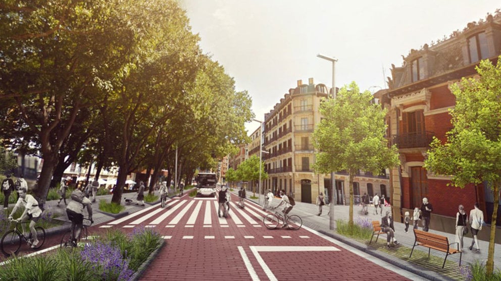 Imagen de la calle Navas de Tolosa con el proyecto para ampliar la fase de amabilización al eje entre el Parlamento de Navarra y el Bosquecillo. AYUNTAMIENTO DE PAMPLONA