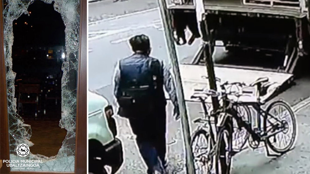 Imagen de la cristalera reventada de la puerta de un comercio que ha sufrido un robo en Pamplona junto a una imagen de archivo de una cámara de seguridad de otra tienda. PM PAMPLONA / ARCHIVO