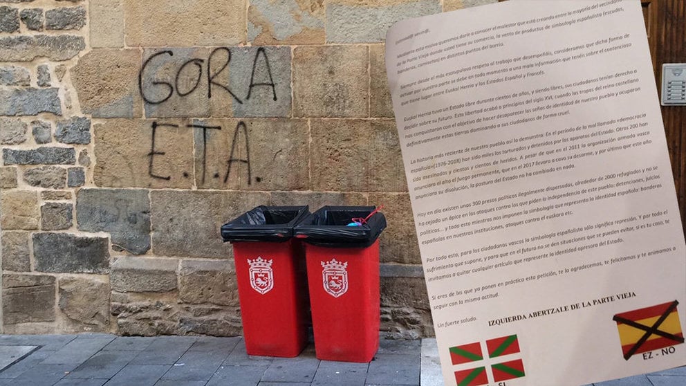 Imagen de la carta intimidatoria repartida por radicales de la izquierda abertzale para coaccionar a los comerciantes del Casco Viejo de Pamplona a no vender productos con la bandera española NAVARRACOM