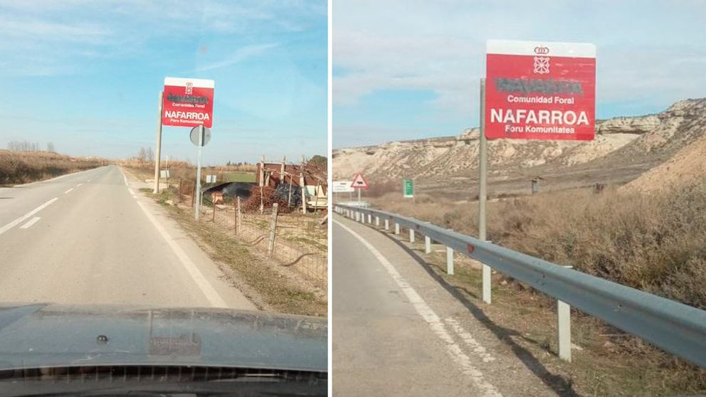 Imagen de una de las señales de entrada a Navarra tachado para mostrar únicamente la nomenclatura en euskera, Nafarroa CEDIDA 2