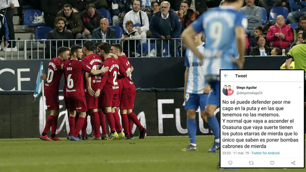 Captura del polémico tuit que tacha a Osasuna de etarra junto a una imagen del partido entre Málaga y Osasuna disputado en el estadio de La Rosaleda Fotos TWITTER LA LIGA123