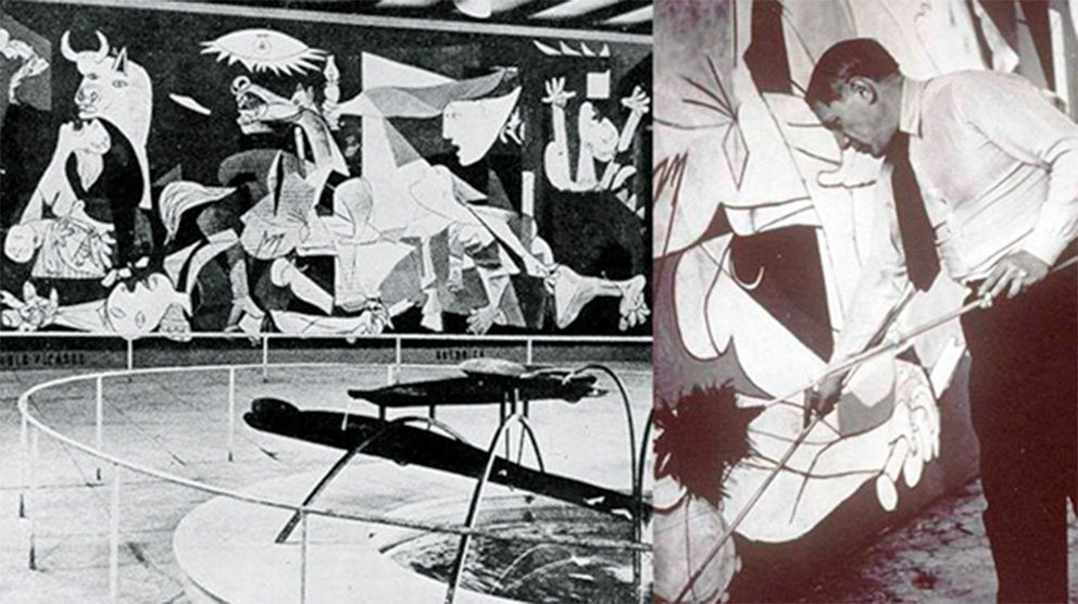 A la izquierda, el Guernica en el atrio del pabellón español y la fuente de mercurio de Alexander Calder. A la derecha Picasso ultimando su obra.